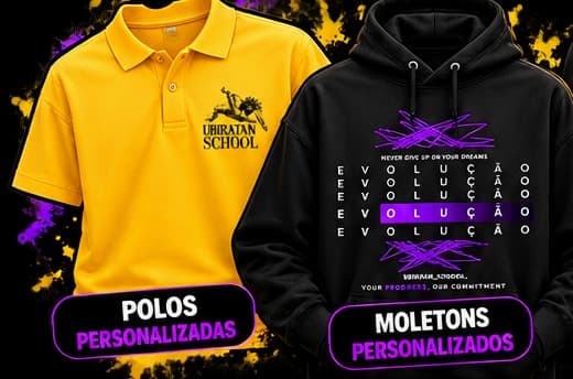 Polo amarela e moletom preto personalizados para a Ubiratan School