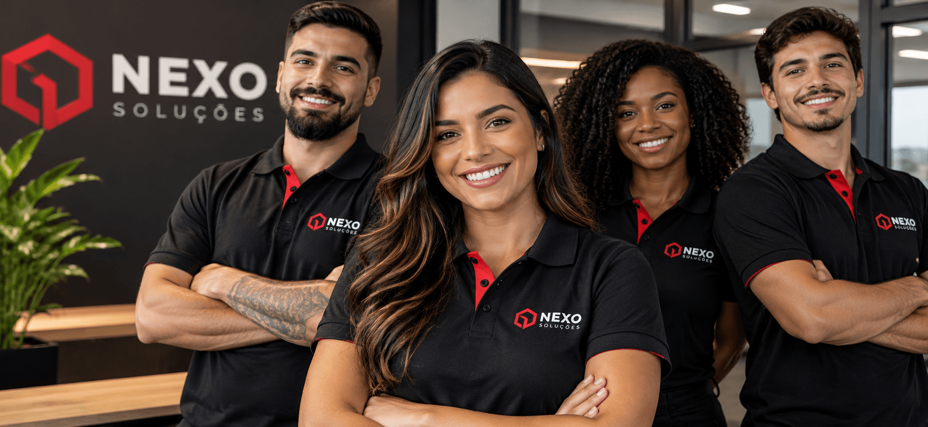 Equipe sorridente com polos personalizadas pretas e vermelhas com logotipo bordado no peito
