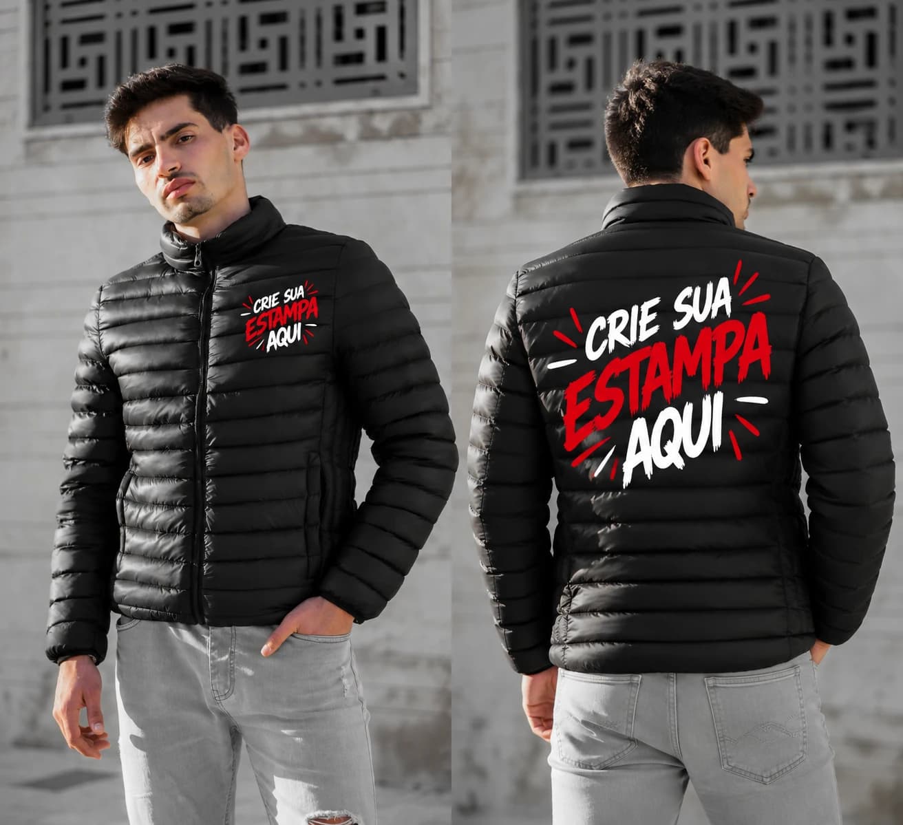 Pessoa vestindo bobojaco (jaqueta puffer) preto liso
