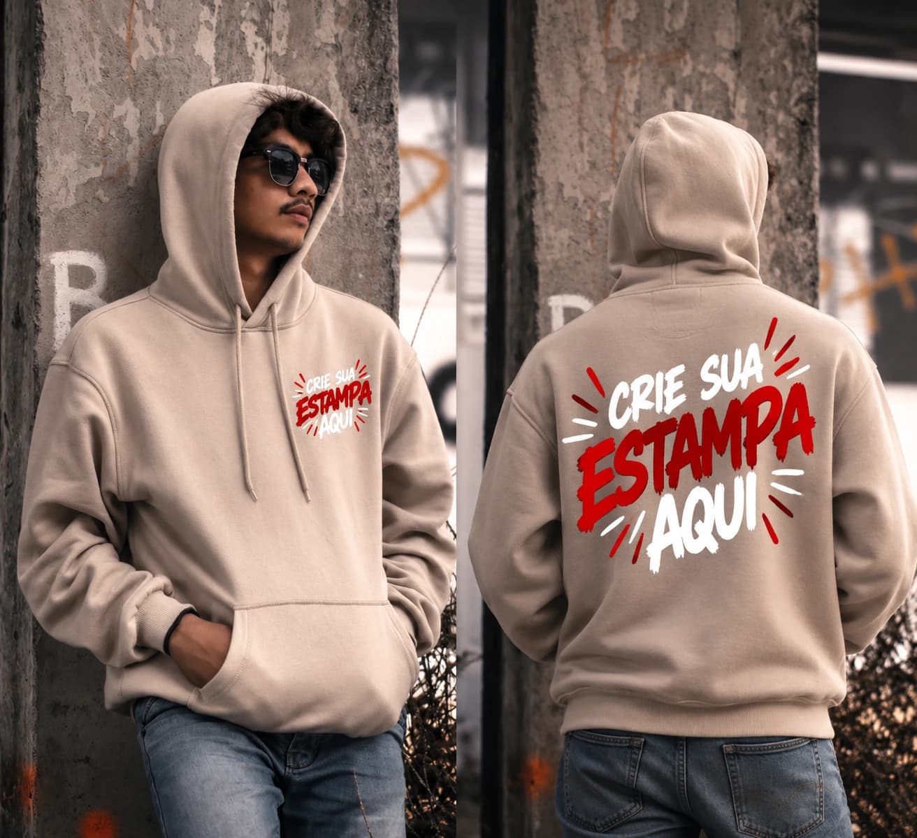 Pessoa de moletom com capuz em cenário urbano